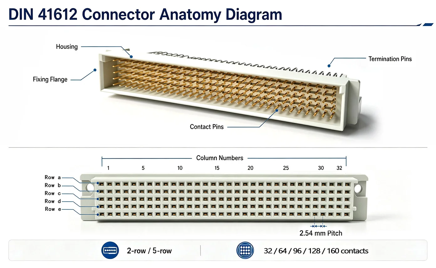 DIN 41612 connector anatomy diagram showing housing, fixing flange, contact pins, coding/keying, and termination pins. Bottom view labels rows a/b/c, column numbers 1-32, and 2.54 mm pitch for 32 / 64 / 96-contact layouts.